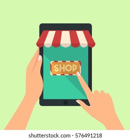 hand hold tablet and pointing or press to the shop online concept vector  online store on the smartphone concepts vector illustration flat modern style