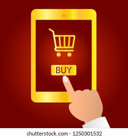 Hand hold tablet and pointing to the screen, shop online store on the smartphone