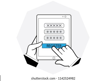hand hold tablet and touch online register botton user password display of minimal icon style