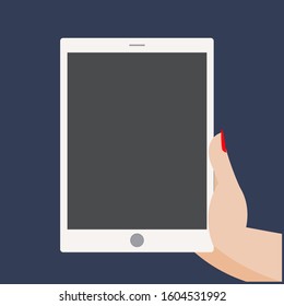 Hand hold a tablet with a touch screen. Vector illustration. 