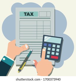 Hand hold tax form, calculator and pen. Tax payment concept