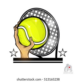 Hand hold tennis ball and racket in center. Vector sport logo isolated on white for any team or competition