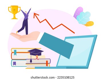 Hand hold tiny character woman, education help achieve goal, diploma higher education flat vector illustration, isolated on white.