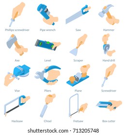 Hand hold tool icons set. Isometric illustration of 16 perfume bottles vector icons for web