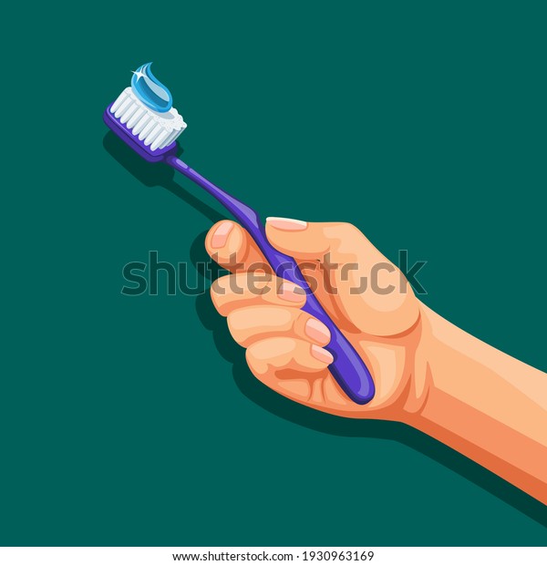 Hand hold tootbrush. dental care symbol concept in\
cartoon illustration\
vector