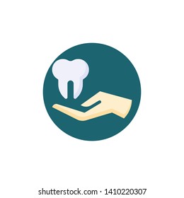 Hand Hold Tooth flat icon. Round colorful button, Dental and health care circular vector sign. Flat style design