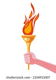 Hand hold Torch with flame, cup, symbol sport games. Icon vector