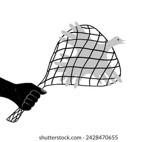 Hand hold trap with bird vector illustration. Bird try to escapes from snare. Сoncept of political prisoner, restricting and violation human rights and freedom. Detention act.