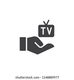 Hand hold tv vector icon. filled flat sign for mobile concept and web design. television and hand simple solid icon. Symbol, logo illustration. Pixel perfect vector graphics