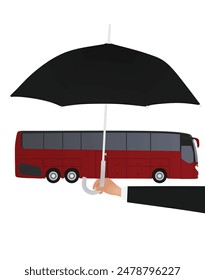 Hand hold umbrella in front of bus. vector illustration