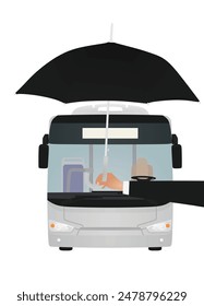 Paraguas de mano frente al autobús. Ilustración vectorial