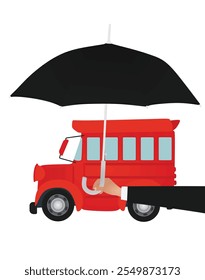 Mano sujetar el paraguas delante del autobús. Ilustración vectorial