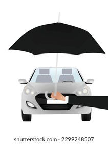 Mano sosteniendo el paraguas delante del auto. ilustración vectorial