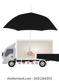 Hand hold umbrella in front of truck. vector illustration