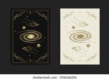 Hand hold universe or outer space card, with engraving, luxury, esoteric, boho, spiritual, geometric, astrology, magic themes, for tarot reader card. Premium Vector