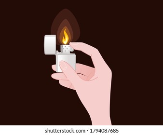 Hand hold and use metal and plastic lighter for kitchen or cigarette gas lighter smoker accessory flat vector illustration isolated on brown background