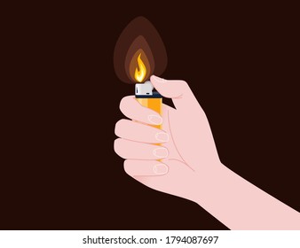 Hand hold and use metal and plastic lighter for kitchen or cigarette gas lighter smoker accessory flat vector illustration isolated on brown background