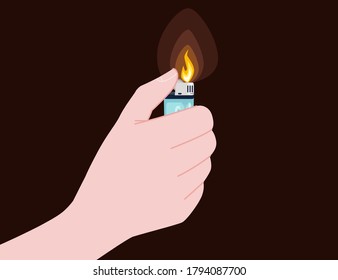 Hand hold and use metal and plastic lighter for kitchen or cigarette gas lighter smoker accessory flat vector illustration isolated on brown background