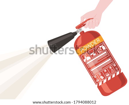 Hand hold and use powder fire extinguisher with safe labels simple tips how to use icons flat vector illustration on white background