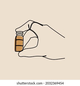 Hand hold vaccine bottle oneline continuous line art premium vector