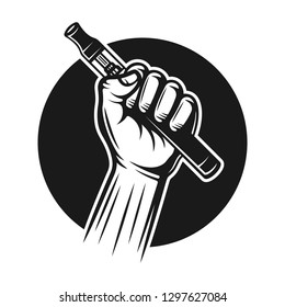 Hand Hold Vape Pen Or E-cigarette Device Vector Illustration In Vintage Monochrome Style Isolated On White Background