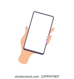 Hand hold vertically mobile phone with blank screen. Women left arm with manicure is touching smartphone display. Phone mockup. Flat cartoon vector illustration isolated on white background.