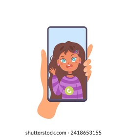 Mano mantiene el teléfono móvil verticalmente con pantalla de videollamada. El brazo izquierdo de las mujeres está tocando la pantalla del smartphone. Broma telefónica. Ilustración vectorial de caricatura plana aislada en fondo blanco.