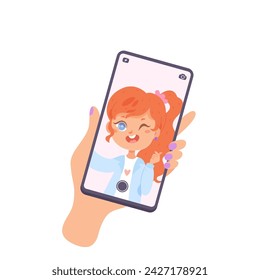 Hand hold vertically mobile phone with video call screen. Women left arm with manicure is touching smartphone display. Phone mockup. Flat cartoon vector illustration isolated on white background.