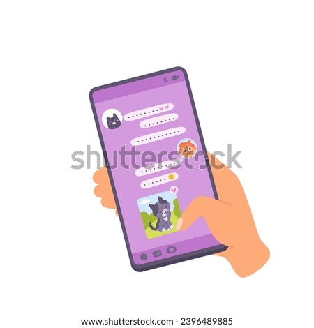 Hand hold vertically mobile phone with chatting screen. Right arm is touching smartphone display with thumb finger. Phone mockup. Flat cartoon vector illustration.