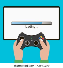 Hand hold video game controller, gamepad. Screen with loading bar. Gaming concept. Vector illustration.