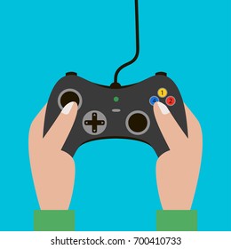Hand hold video game controller, gamepad. Vector illustration.