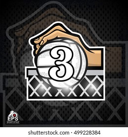 Hand hold volleyball above net with number three or third place. Sport logo for any team or competition