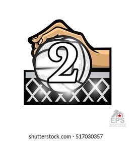 Hand hold volleyball above net with number two or second place. Vector sport logo isolated on white for any team or competition