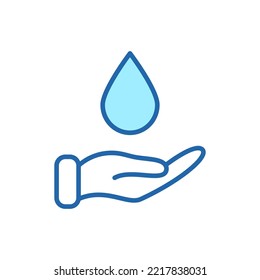 Lineares Symbol für Handhaltung Wassertropfen. Speichern Sie Wasser, um das Symbol der Weltlinie zu unterstützen. Betreuung, Rettung, Wohltätigkeit, Freiwilligentätigkeit und Spendenkonzept. Unterschreiben Sie für Ökologie. Bearbeitbarer Strich. Vektorgrafik.