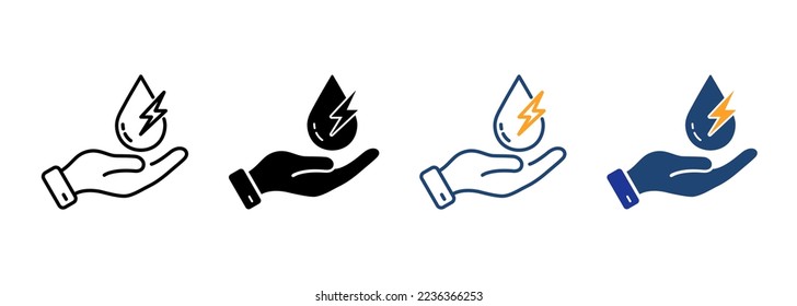 Colocación manual de agua, línea de energía hidroeléctrica renovable y conjunto de iconos de silueta. Pictograma hidroeléctrico de energía verde. Colección de símbolos ecológicos hidroeléctricos sobre fondo blanco. Ilustración de vectores aislados.