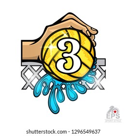 Hand hold water polo ball with water splash and number three in the middle. Vector sport logo on white for any team or competition