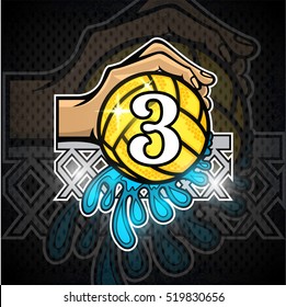 Hand hold water polo ball with water splash and number three in the middle. Vector sport logo on blackboard for any team or competition