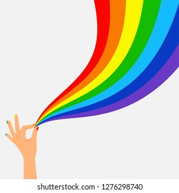 Hand Hold Wave Rainbow Flag Lgbt Banner. Rainbow Lgbt Pride, Illustration Of Symbol Love Homosexual