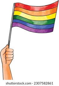 Hand  hold and wave rainbow  flag watercolor brush background.LGBT  Pride month texture concept. Vector illustration