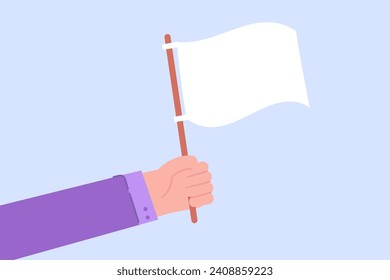 Hand hold white flag, capitulation in competition concept. Vector illustration.