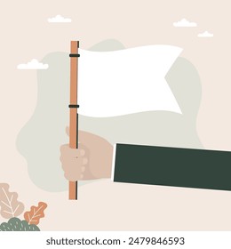 Hand hold white flag, capitulation in competition concept. Symbol give up. Surrendering concept. Message truce. flat vector illustration