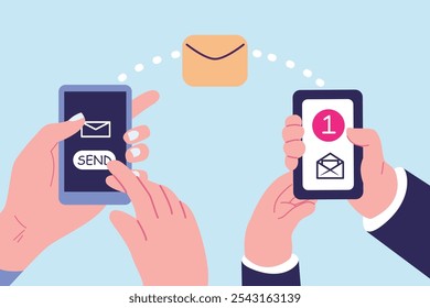 Mano sostener el teléfono inteligente blanco con notificación de mensaje, enviar ilustración plana de Botón