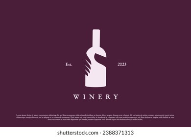 Hand hold wine bottle logo design illustration. Silhouette of bottle glass drink red wine holding finger people liquor alcohol bar bartender nightclub. Simple minimalist elegant luxury flat icon.