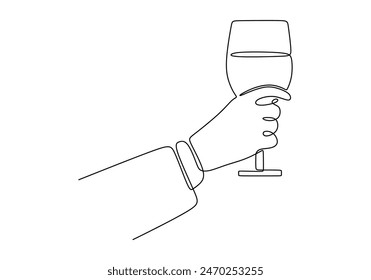 Dibujo de línea continua de vidrio de vino de mano. Decoración, vacaciones, concepto romántico. Ilustración vectorial minimalista dibujado a mano.