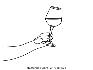 Hand hold wine glass continuous line drawing. Decoration, holidays, romantic concept. Vector illustration minimalist hand drawn.