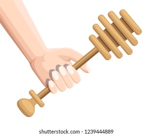 Hand hold wooden honey dipper. Honey stick, Kitchen utensil used to collect honey. Flat vector illustration isolated on white background.