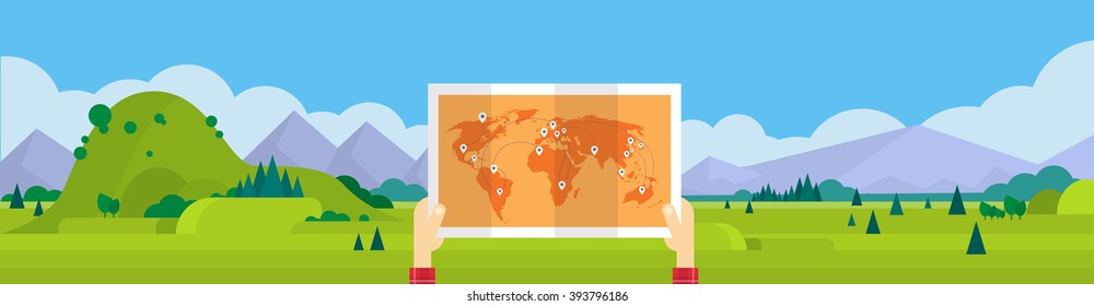 Hand Hold World Man Travel Tourism Concept Mountain Landscape Background Horizontal Banner Vector Illustration