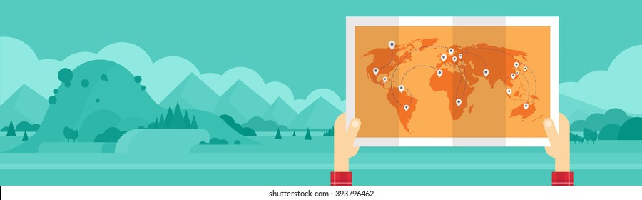 Hand Hold World Man Travel Tourism Concept Mountain Landscape Background Horizontal Banner Vector Illustration
