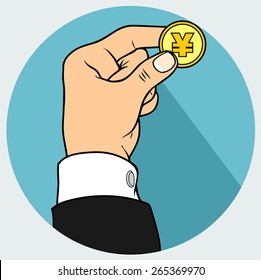 hand and hold yen coin
