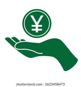 Hand hold yen coin. Japan currency. Saving vector icon.